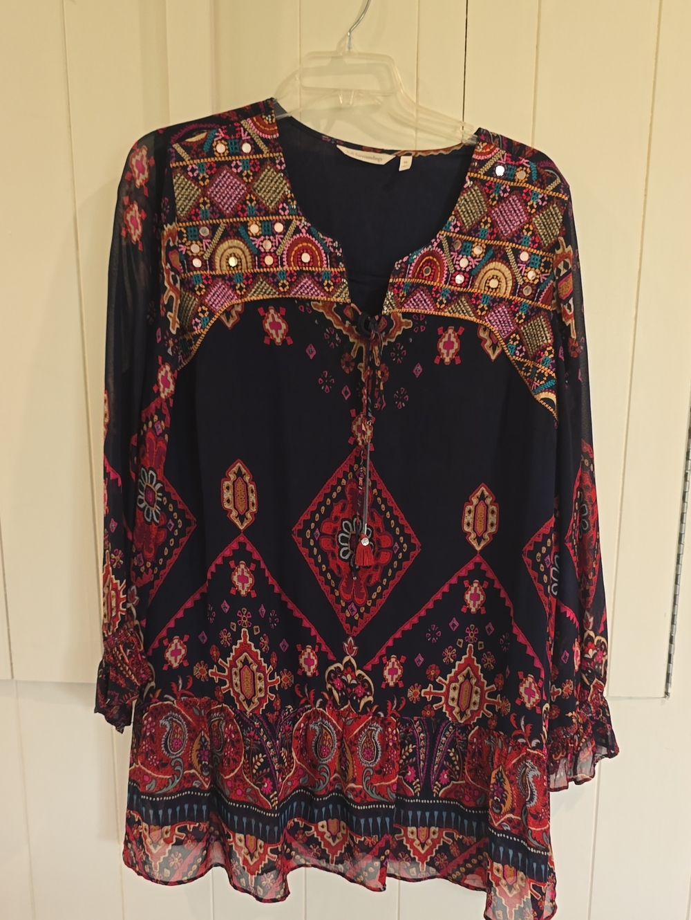 Women's Navy Embroidered Boho Tunic Top - Navy with Pink Accents